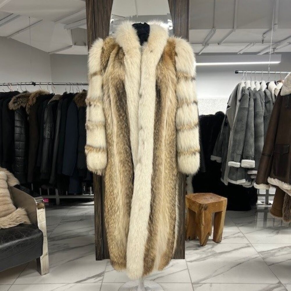 COYOTE LONG COAT W/  FOX TUXEDO & SLEEVES - WAS 5995 - NOW ONLY 1895 - SIZE M
